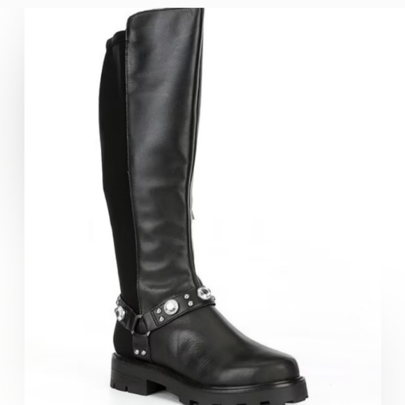 Karl Lagerfeld Milla Black Knee High Rhinestone Equestrian Buckle New Lug Boots - Picture 2 of 10